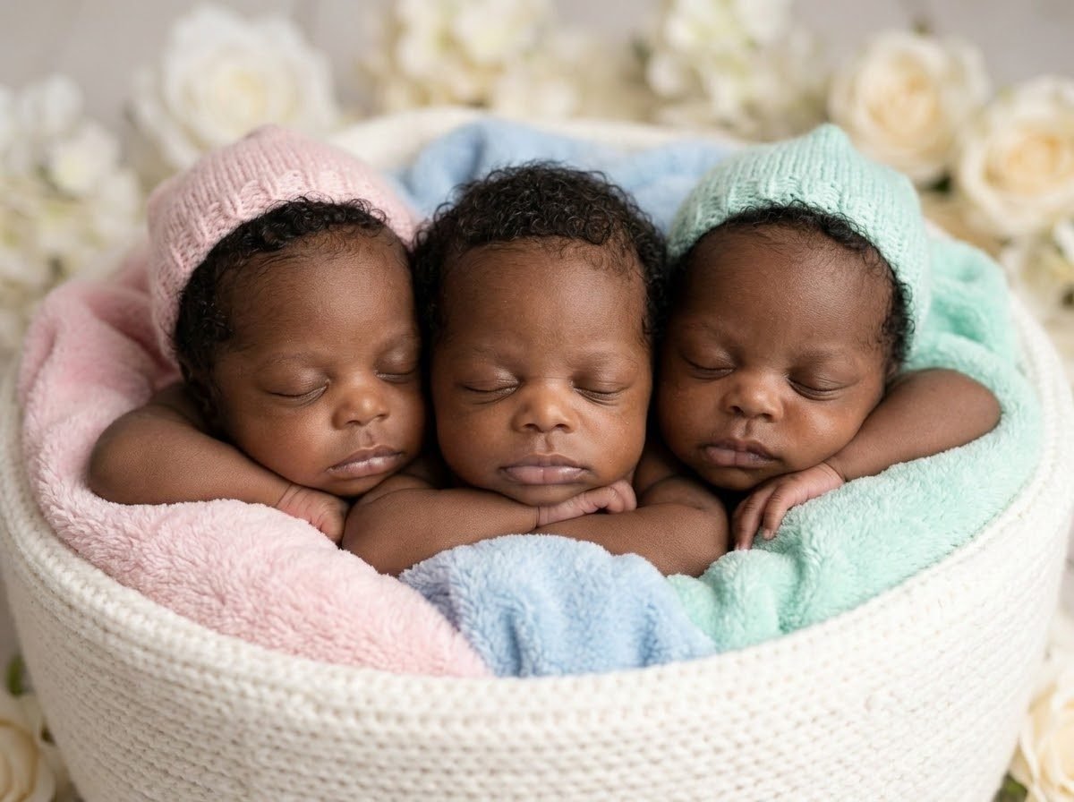 The Jakis triplets asleep together, newborn photoshoot